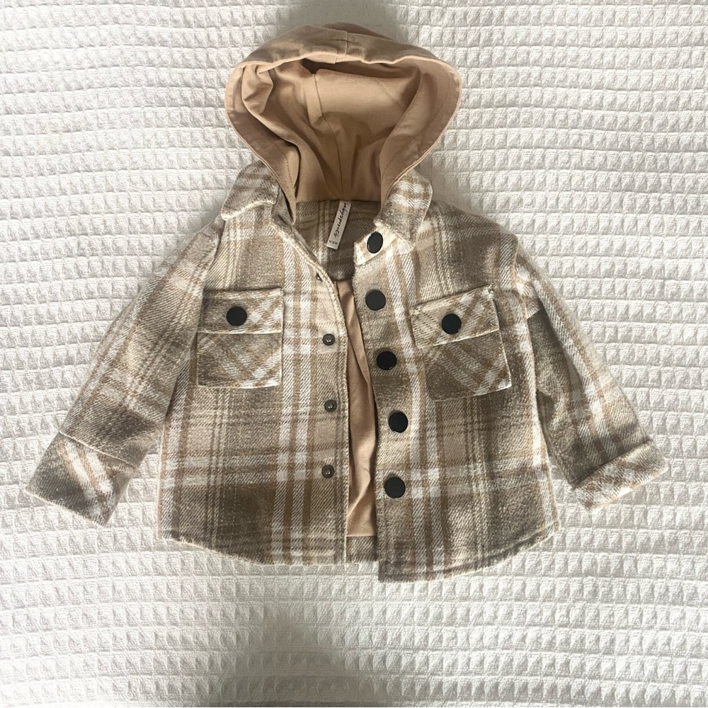 Babysprouts Plaid Hooded Shacket in Beige and Cream 6-12M